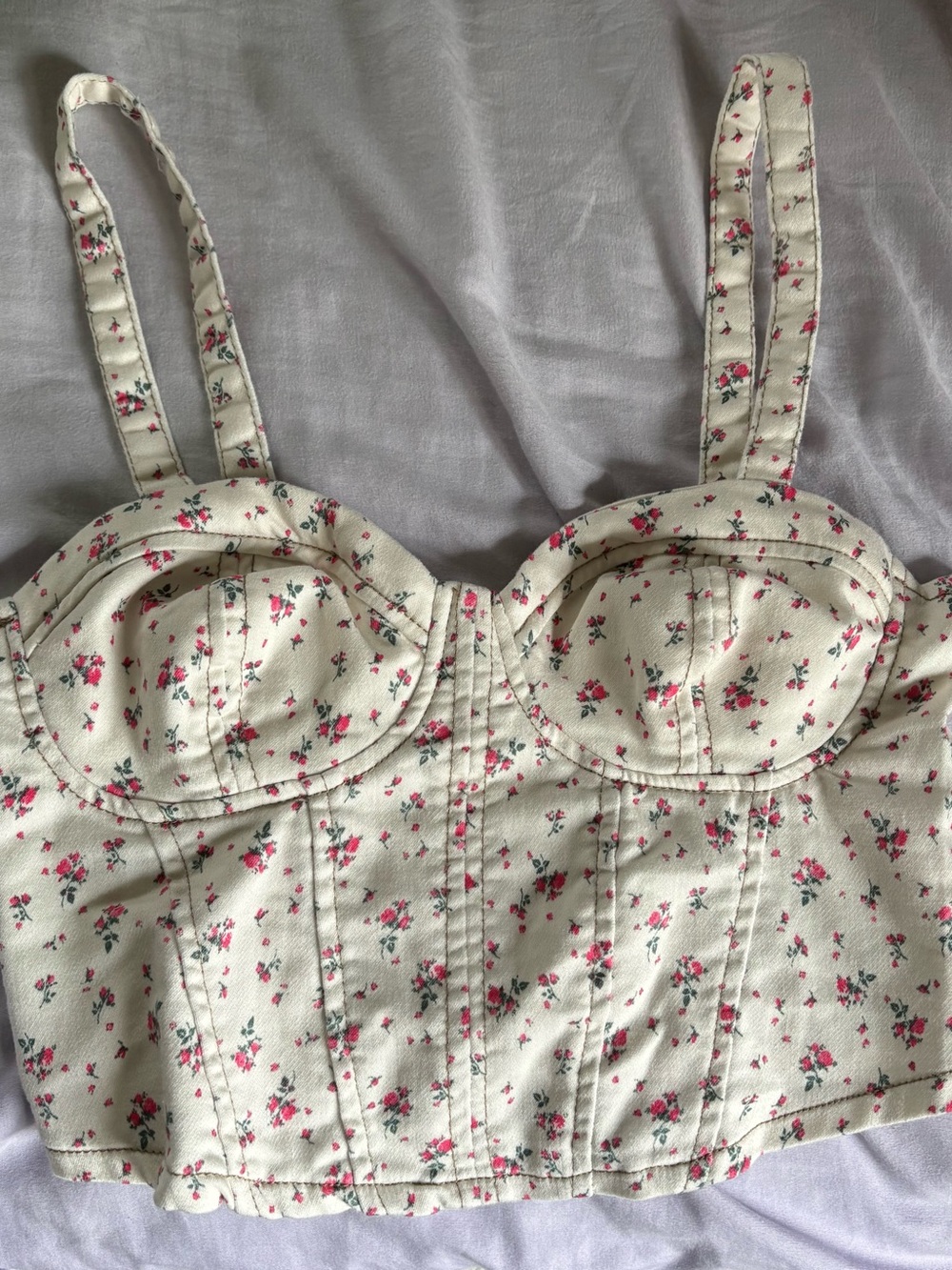 No Boundaries Cream Floral Bustier Tank Top with Pink Rose Print